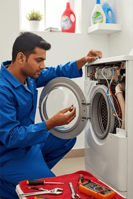 Washing machine repair technician diagnosing a front load washing machine in Dubai